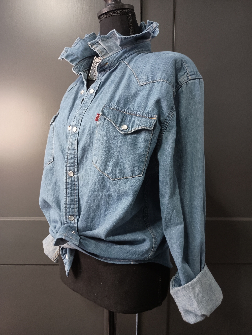 Upcycled Women's Levi's Denim Ruffle Collar Shirt #149